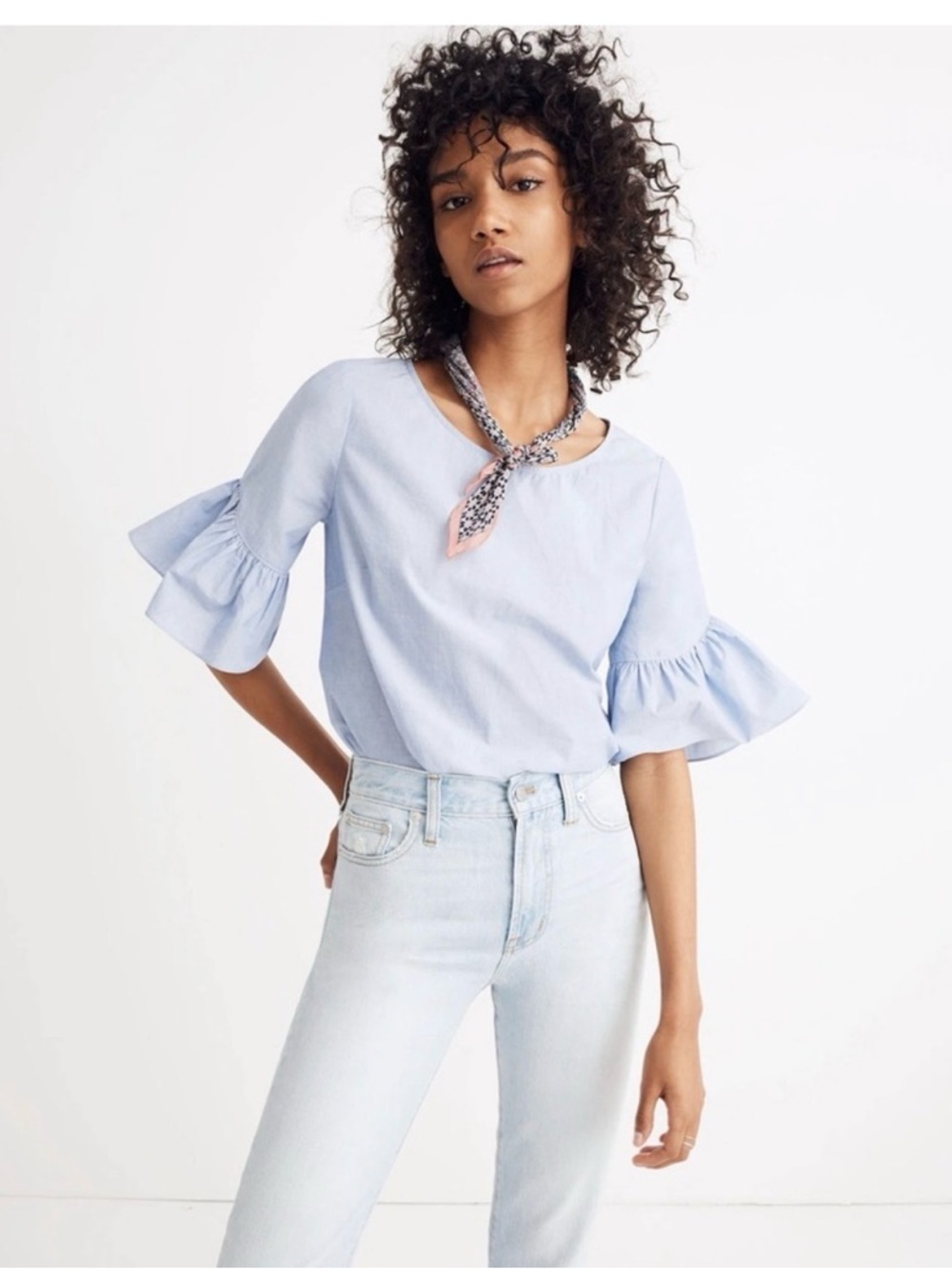 Madewell Ruffled Sleeve Light Blue Light Weight Pop On Top Size LARGE
